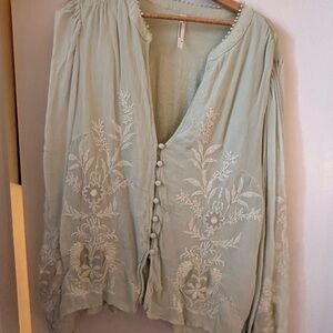 Anthropologie Sage Green Embroidered Blouse